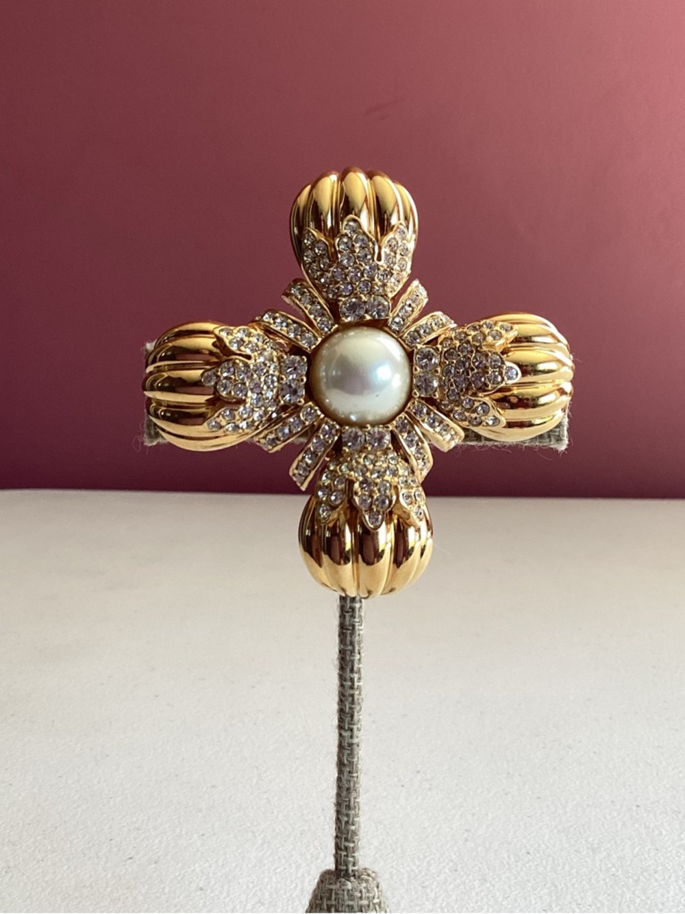 Gold-Tone Pearl & Crystal Cross Brooch